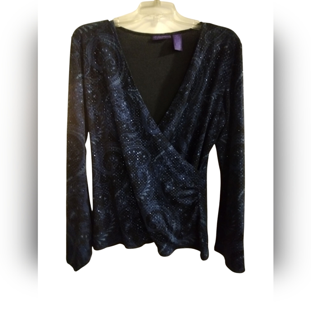 EUC Elegant Navy Blue Wrap Top With Rhinestones Medium